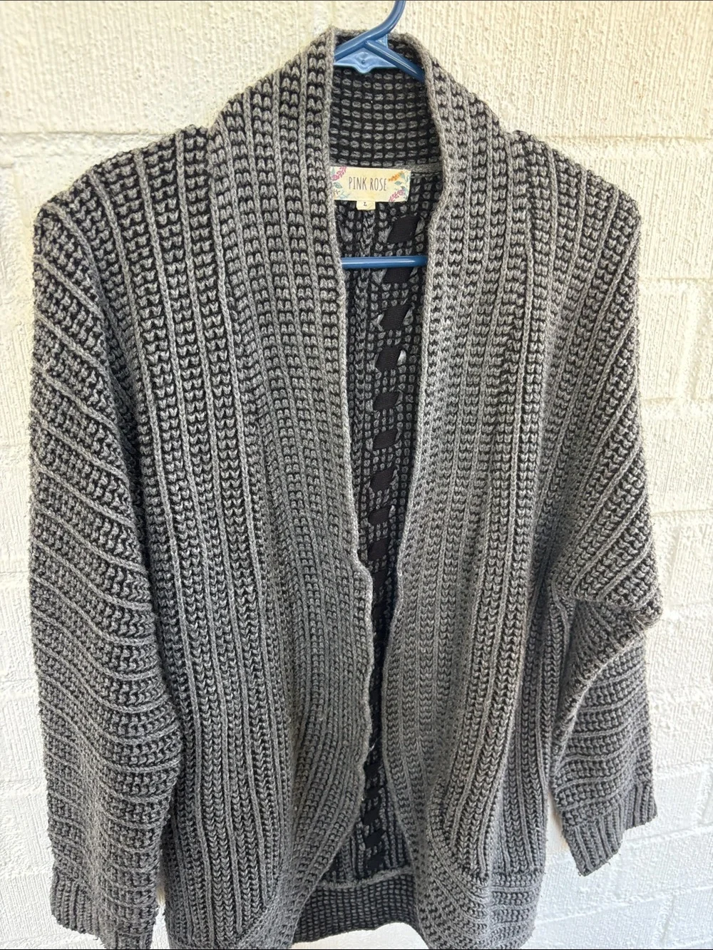 Pink Rose Gray Open-Front Knit Cardigan sz L